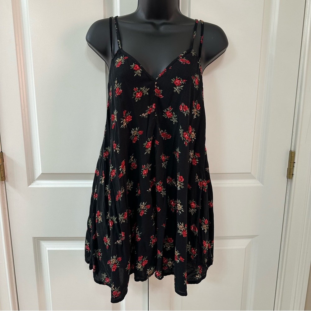 Brandy Melville Black and Red Floral Mini Sun Dress